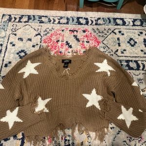 Cropped Star Print Fringe Sweater
